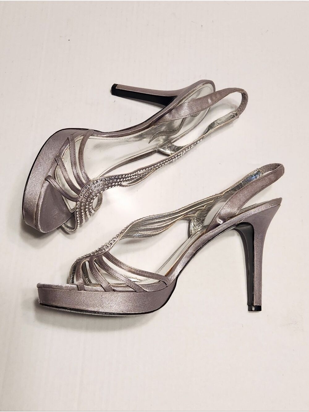 Nina Satin Rhinestone Strappy Sling Back Stiletto Dressy Party Sandals Silver 10 - Picture 3 of 11